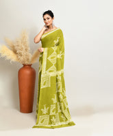 Green Pure Light and Breezy Dabu Discharge Handblock Printed Premium Cotton Saree